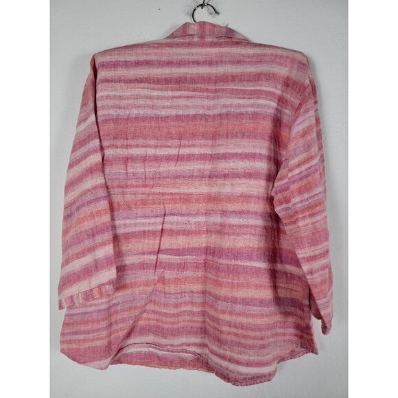 Chico's Design Women Size 3 Pink White Striped Button-Up Linen Shirt Long Sleeve - Picture 2 of 7